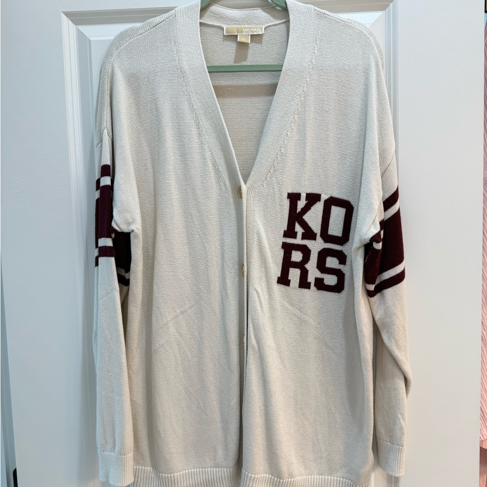 Michael Kors Cream Cardigan with Maroon Trim